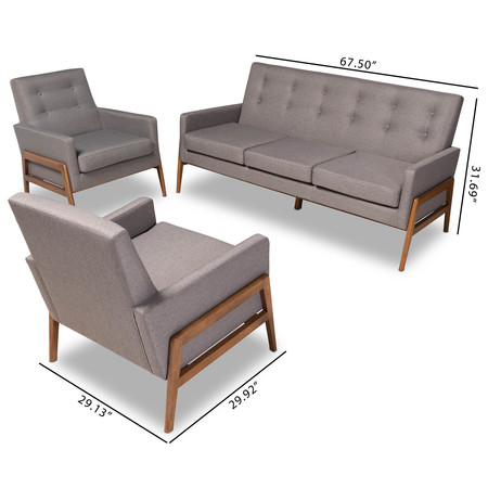 Baxton Studio Perris Grey Upholstered Walnut Finished Wood 3-PC Living Room Set 160-10252-8741